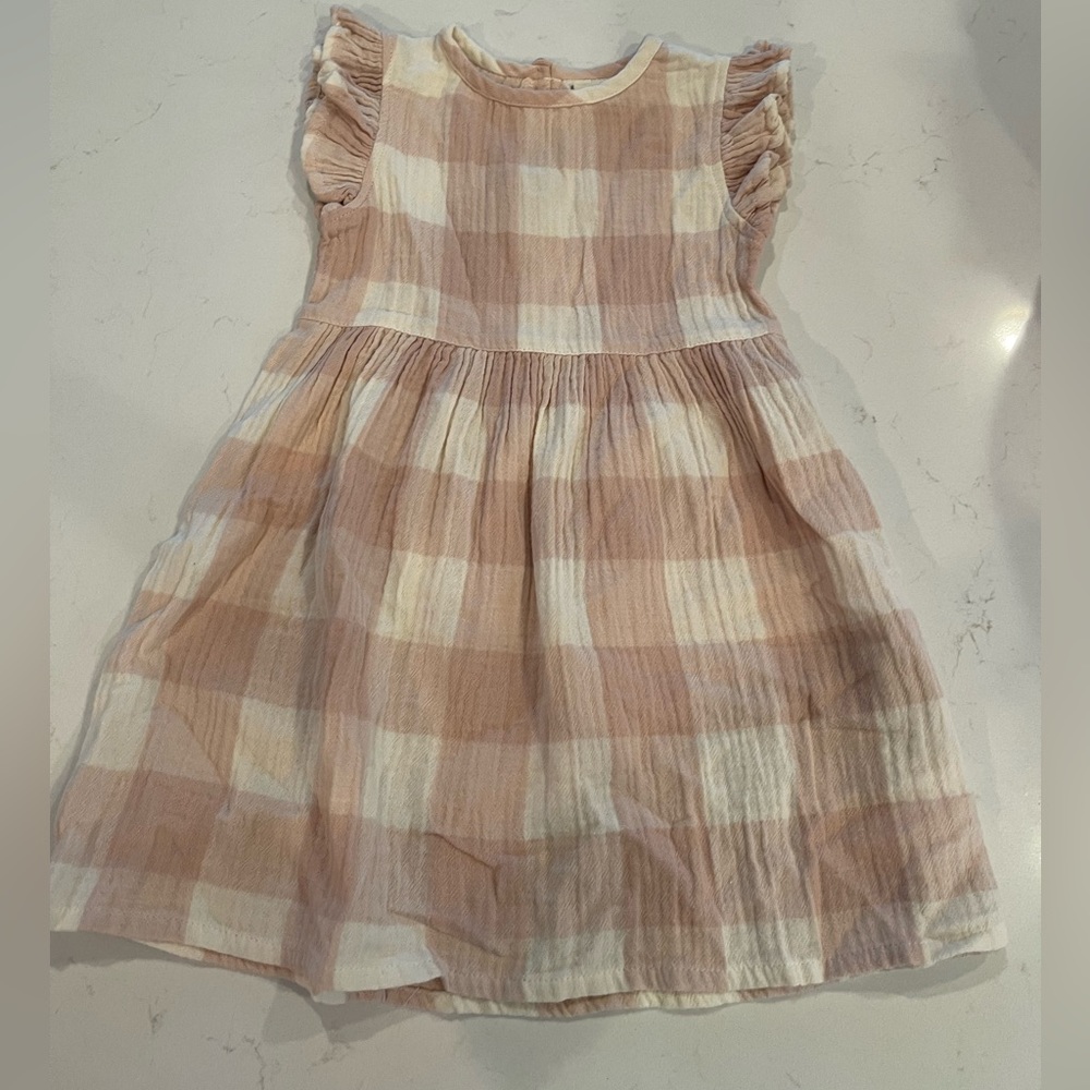 4 Year City Mouse pink cream and white checkered dress with ruffled short sleeve